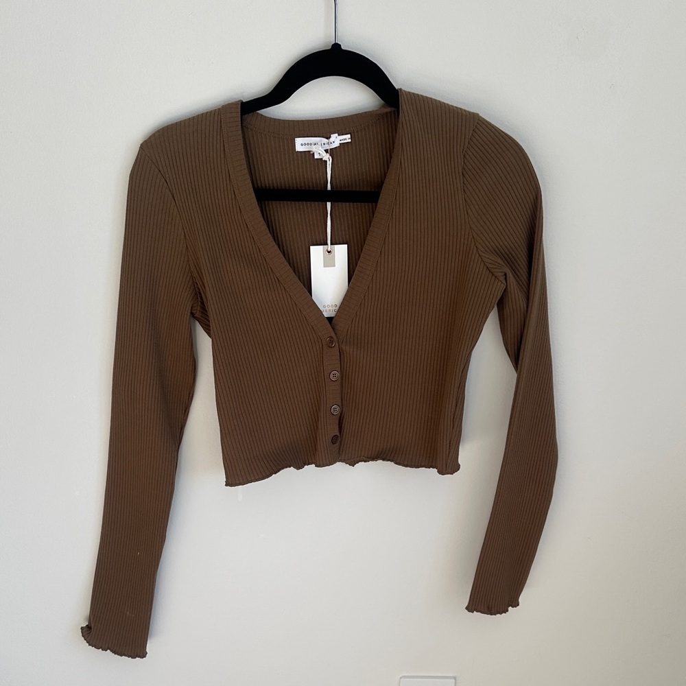 Good American Olive Toned Ribbed V-Neck Button-Up Top- Crop Top